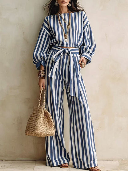 Striped Two Piece Crop Top Wide Leg Pants Set