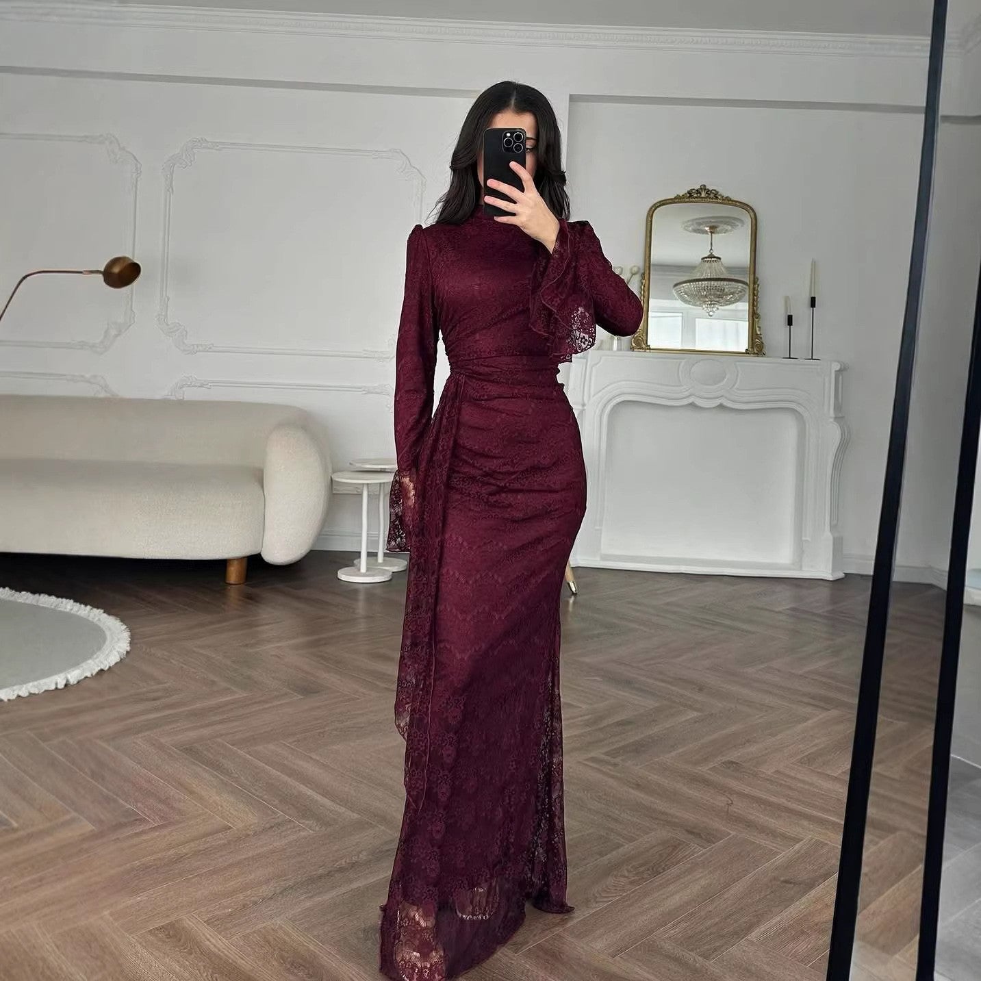 Lace Mock Neck Long Sleeve Bodycon Evening Maxi Dress