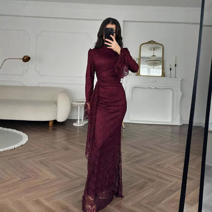 Lace Mock Neck Long Sleeve Bodycon Evening Maxi Dress