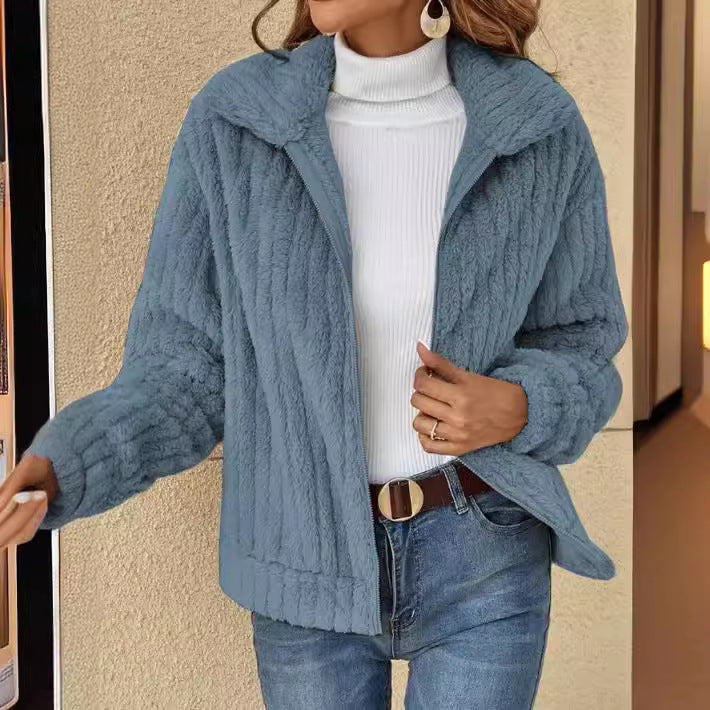 Women's Fuzzy Ribbed Zip Up Collared Winter Jacket