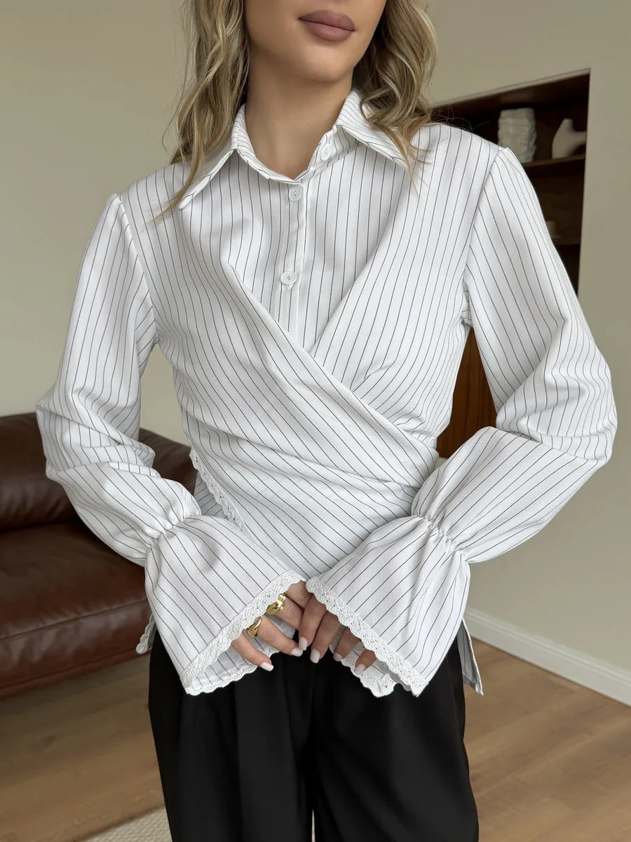 Striped Wrap Shirt with Lace Trim Long Sleeves