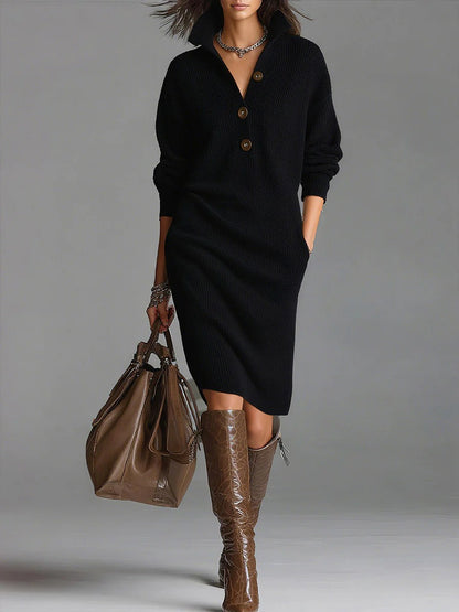 Women's Collared Button Front Knit Midi Sweater Dress