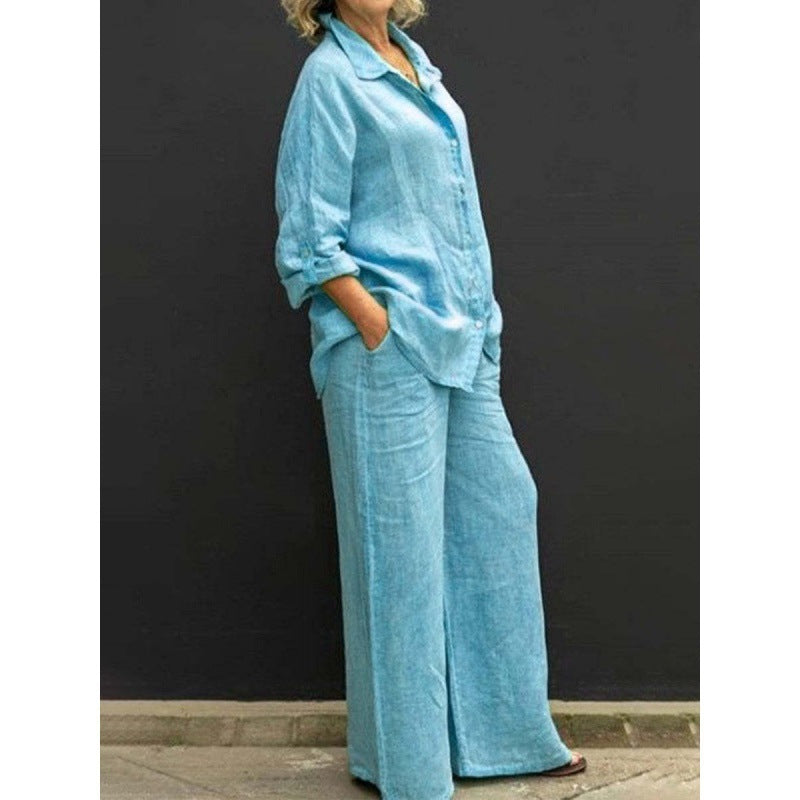 Women's Linen Cotton Shirt & Wide Leg Pants Matching Set