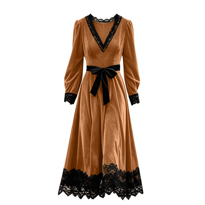 Velvet Maxi Dress V-Neck Lace Trim Puff Sleeve Flowy