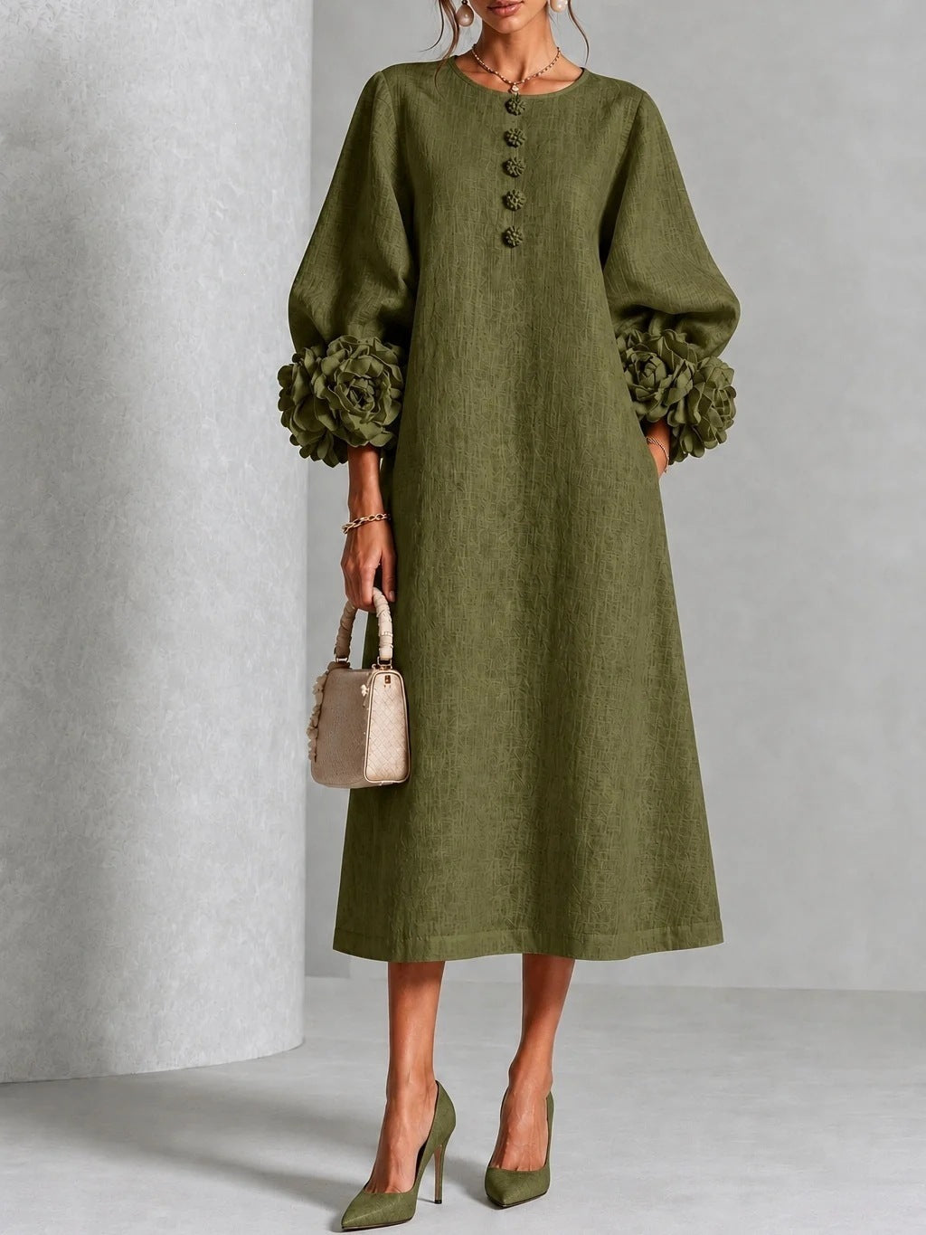 Women's Linen Midi Dress 3D Floral Cuff Button Front