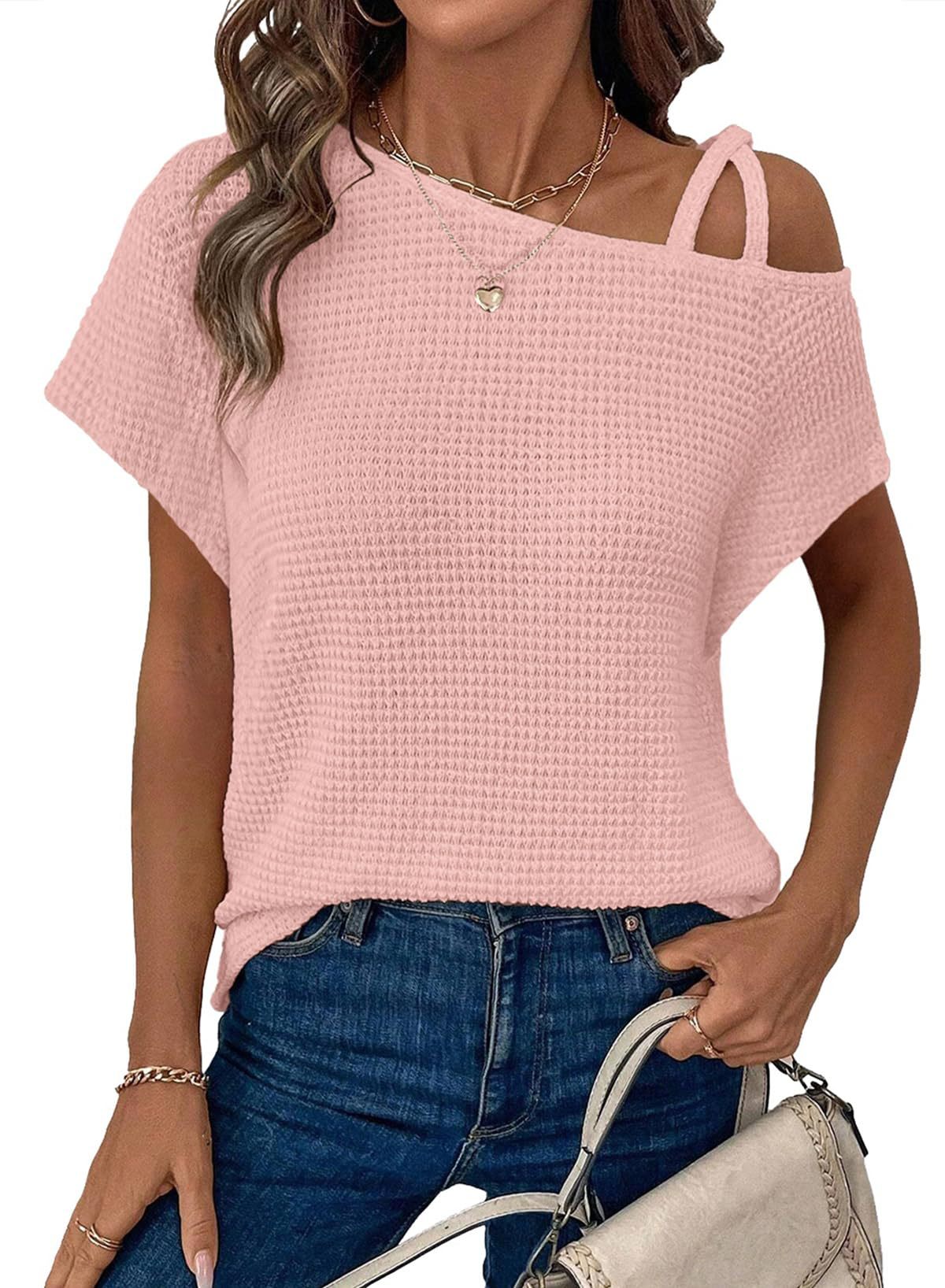 Women's Off-Shoulder Knit Top – Casual Summer Short Sleeve Blouse