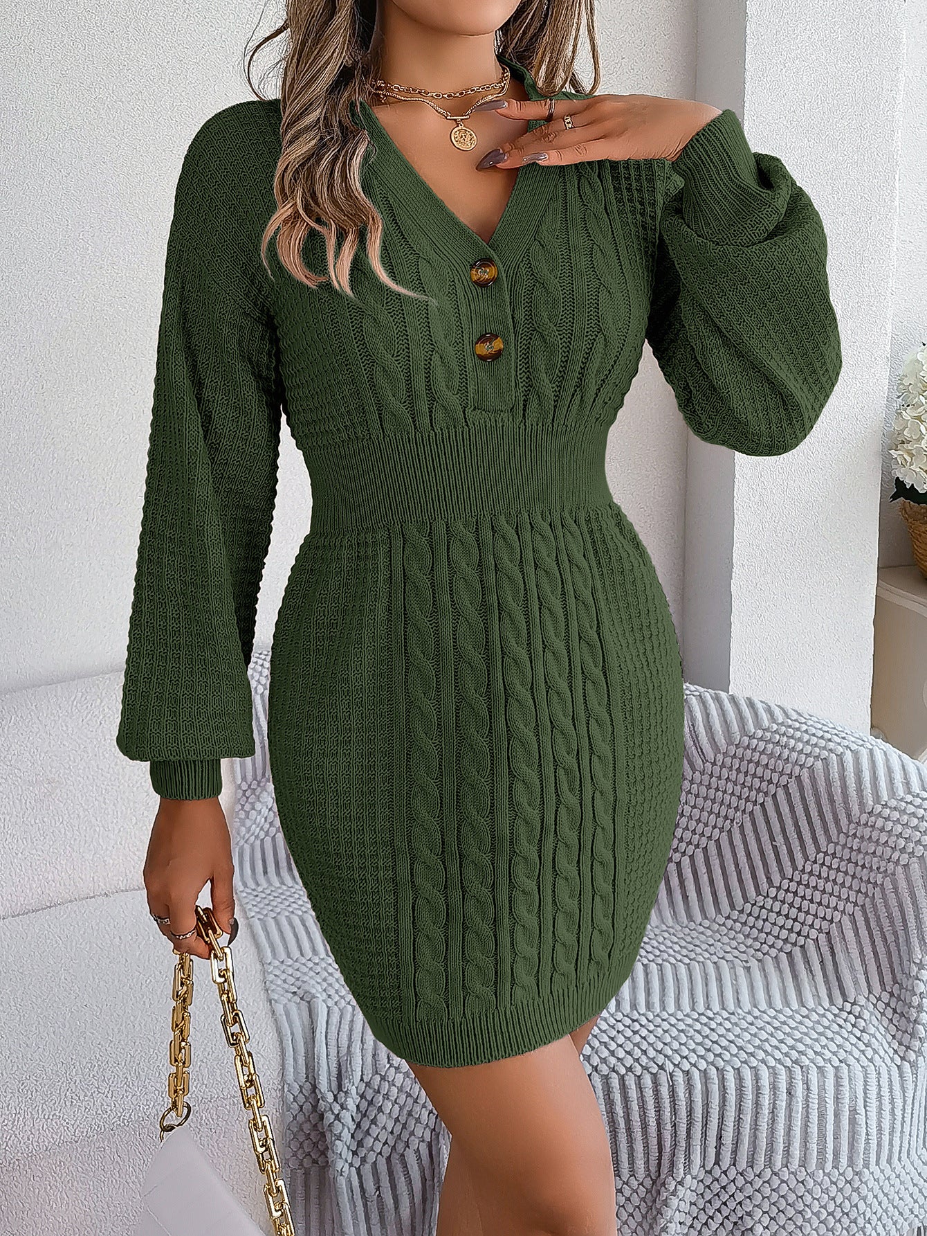 Button V Neck Sweater Dress | Cable Knit Bodycon Outfit