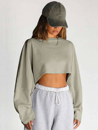 Women's Long Sleeve Oversized Cropped Crew Neck Sweatshirt