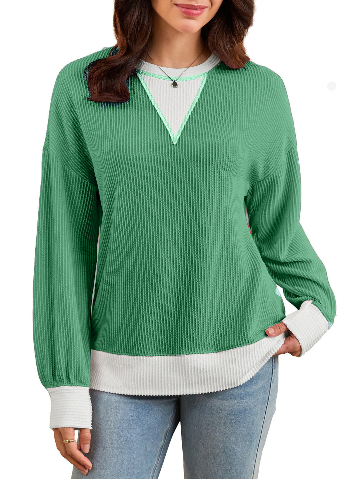Colorblock Ribbed Sweatshirt Women Casual V Neck Pullover