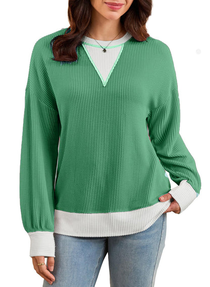 Colorblock Ribbed Sweatshirt Women Casual V Neck Pullover