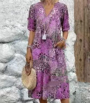 Women's Boho V-Neck Short Sleeve Maxi Dress with Pockets