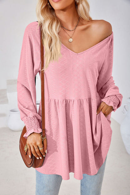 Women's V Neck Long Sleeve Textured Babydoll Tunic Top