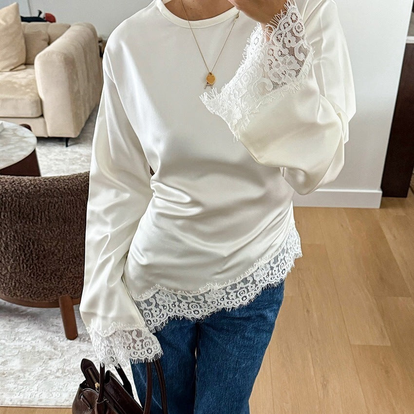 Women's Satin Lace Trim Long Sleeve Blouse Top