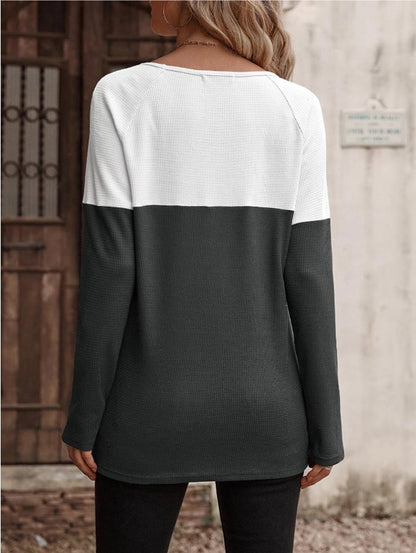 Color Block Shoulder Button Long Sleeve Loose Cotton Top