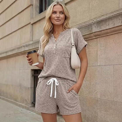 Knit Two Piece Set Short Sleeve Top Shorts Lounge Outfit