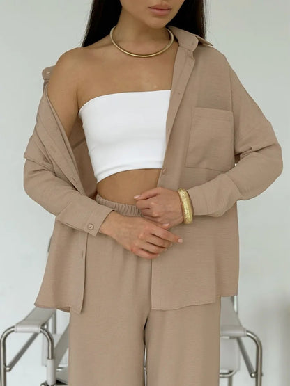 Two Piece Shirt Pants Set Wide Leg Casual Outfit