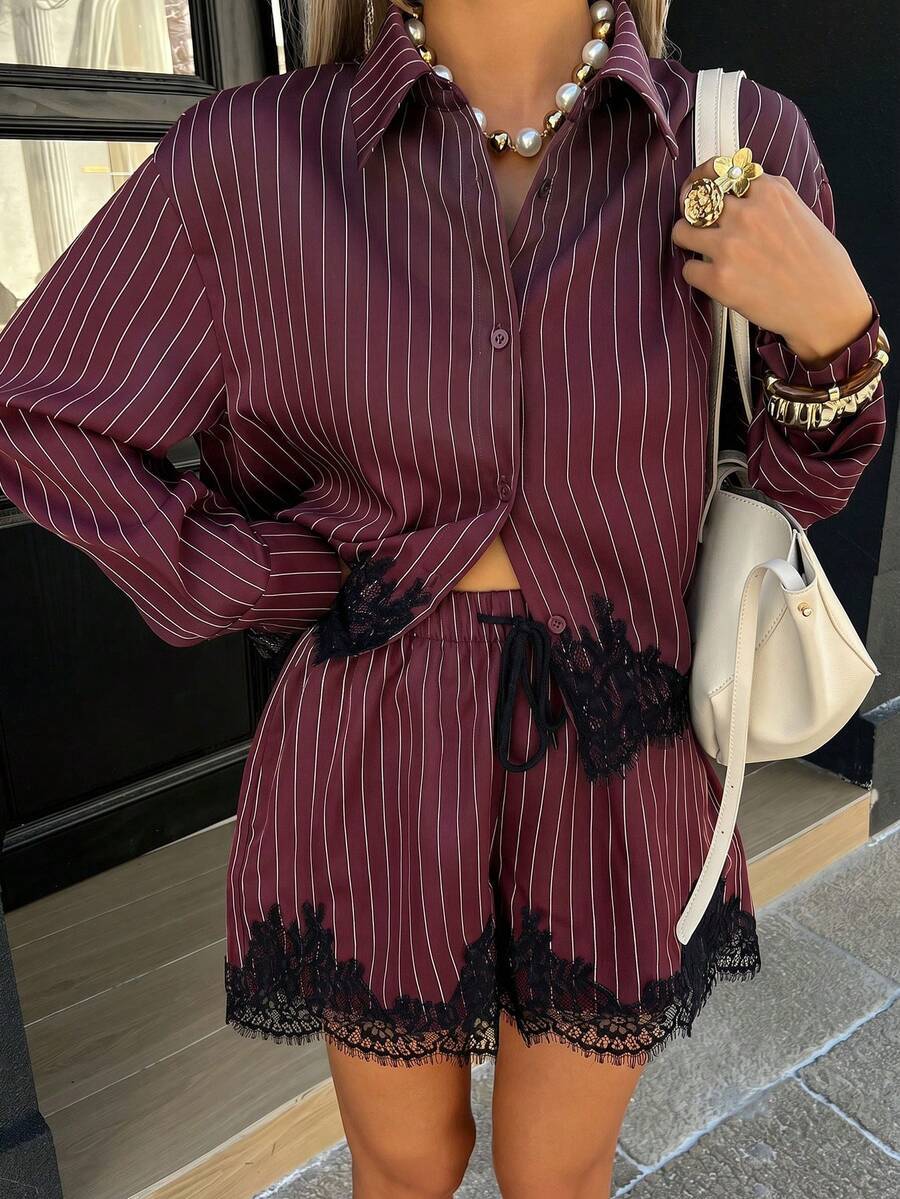 Lace Trim Striped Shirt & Drawstring Shorts Set
