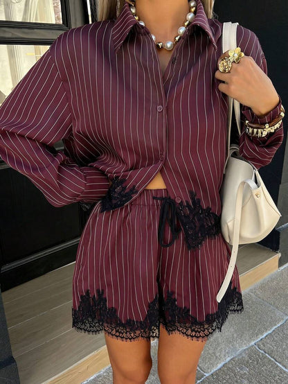 Lace Trim Striped Shirt & Drawstring Shorts Set