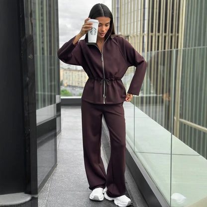 Women's Zip Up Drawstring Jacket Wide Leg Pants Set