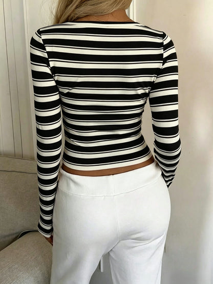 Stripe Ribbed Fitted Crop Top Crew Neck Long Sleeve Tee