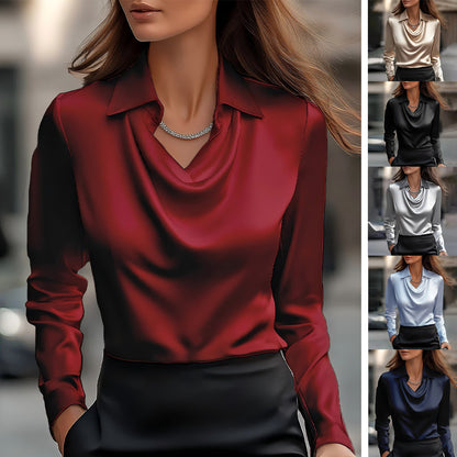 Women's Satin Cowl Neck Collared Long Sleeve Blouse