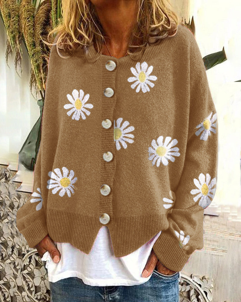 Women's Daisy Embroidered Chunky Knit Cardigan