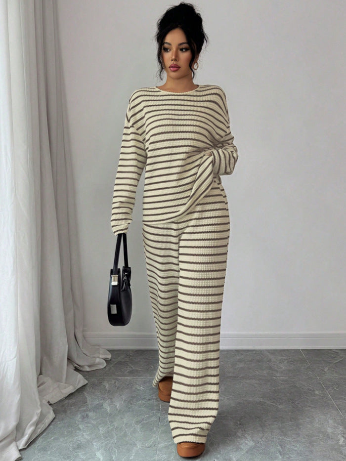 Stripe Knit Lounge Set Crew Neck Top and Wide Leg Pants