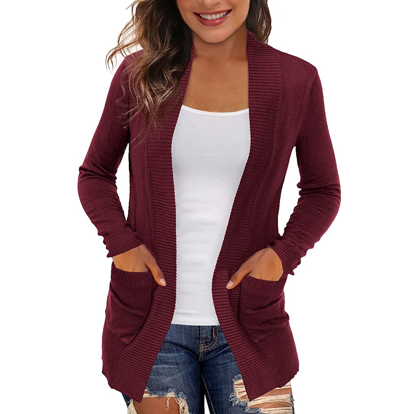 Women's Open Front Knit Cardigan with Pockets Long Sleeve
