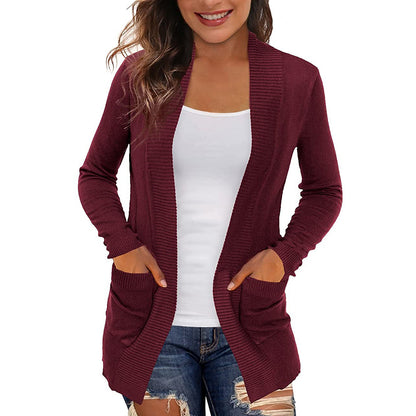 Women's Open Front Knit Cardigan with Pockets Long Sleeve