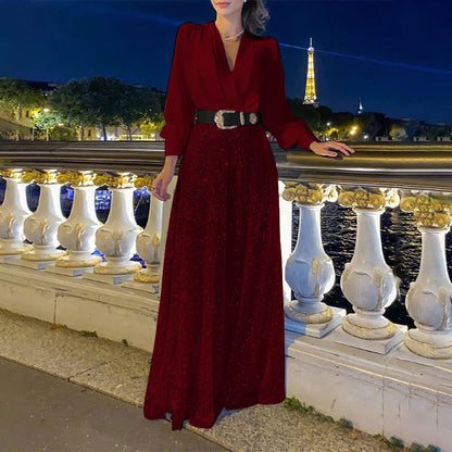 Sequin Jumpsuit Women V Neck Wide Leg Belted Long Sleeve