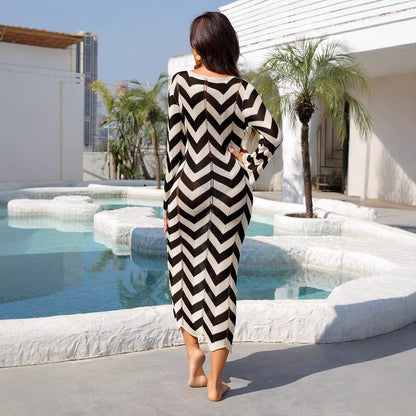 Chevron Knit Beach Cover Up Dress V Neck Resort Wear