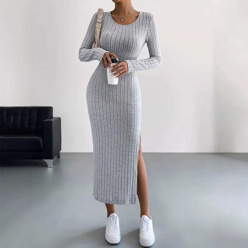 Ribbed Knit Long Sleeve Bodycon Slit Maxi Dress