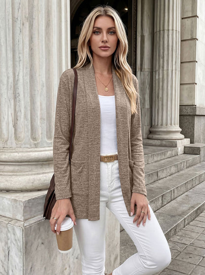 Pocket Open Front Cardigan Long Sleeve Knit Top