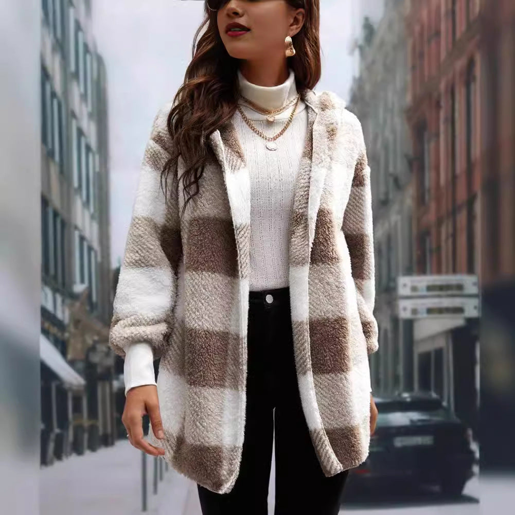 Women's Oversized Plaid Hooded Cardigan Sweater