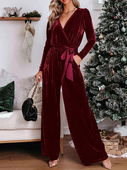 Women's Belted High Waist Wide Leg Long Sleeve Jumpsuit