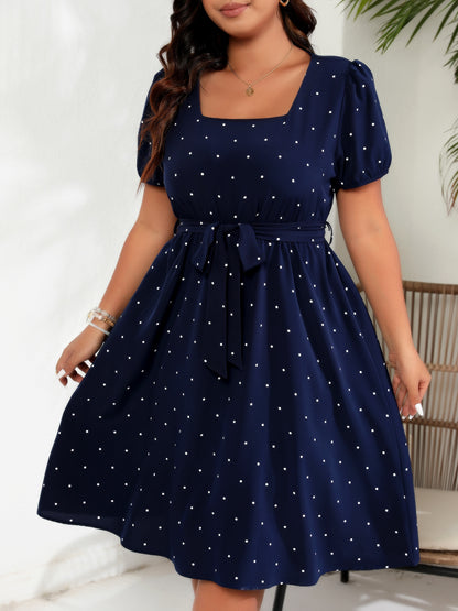 Plus Size Polka Dot Square Neck Tie Waist Midi Dress