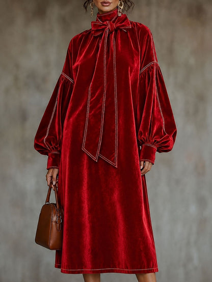 Elegant Velvet Tie Neck Midi Dress Long Puff Sleeve