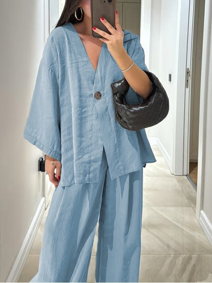 Oversized V-Neck Button Top & Wide Leg Pants Matching Set