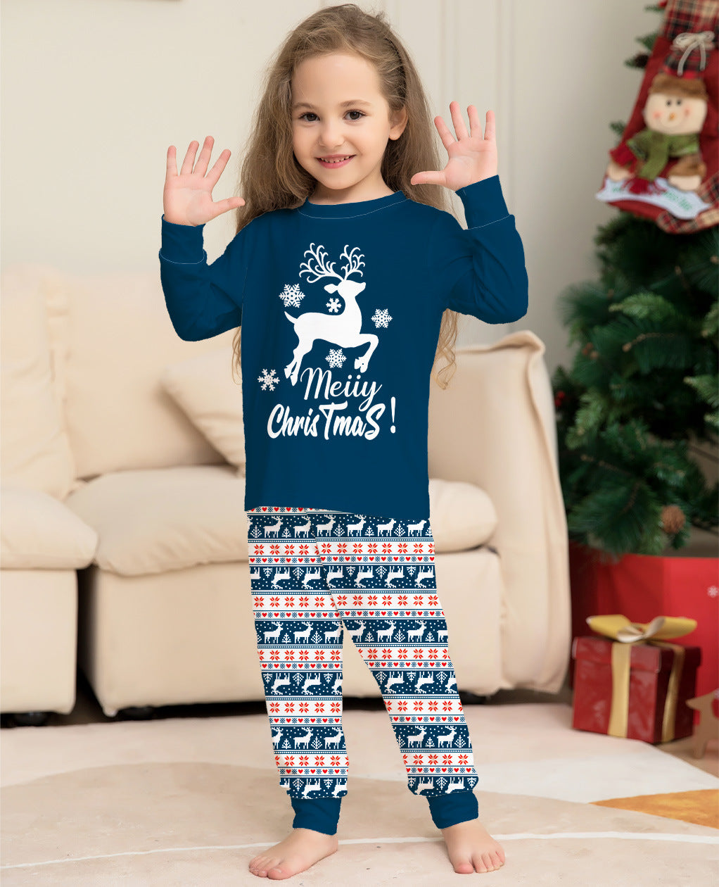 Fawn letter parent-child print loungewear pajamas christmas set