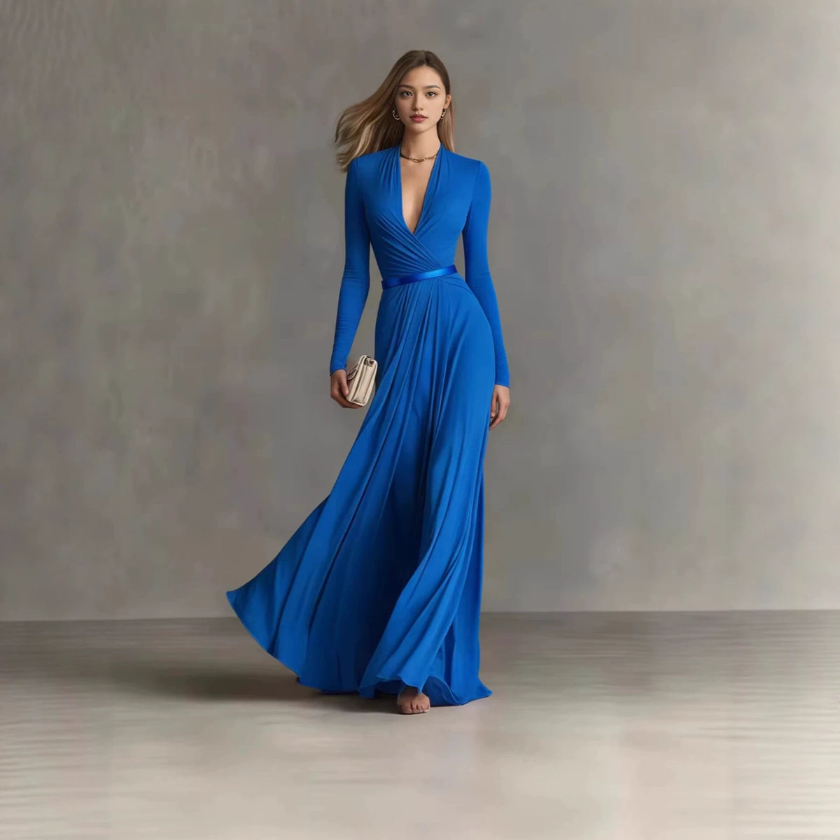 Elegant Deep V-Neck Long Sleeve Belted Maxi Dress