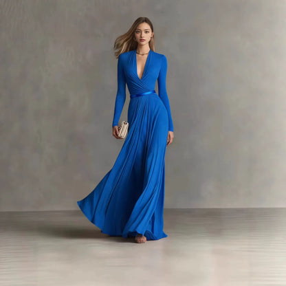 Elegant Deep V-Neck Long Sleeve Belted Maxi Dress
