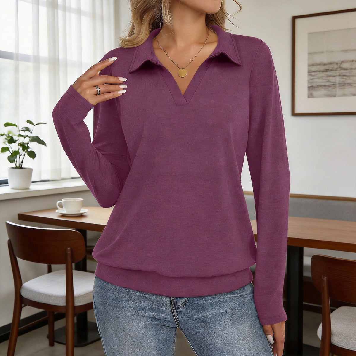 Women's Collared V Neck Long Sleeve Casual Knit Top
