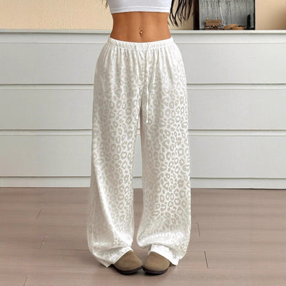 Women's Satin Leopard Drawstring Wide Leg Pants