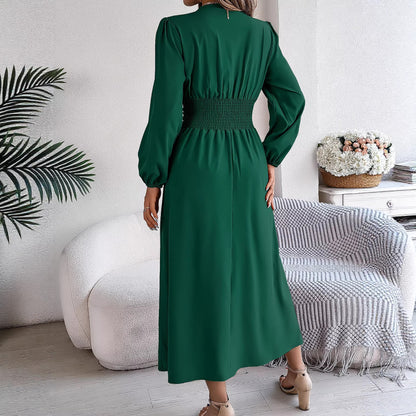 Solid Color V Neck Long Sleeve Slit Maxi Dress