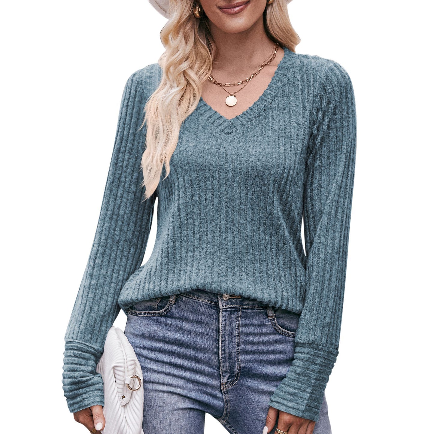 Solid Ribbed V-Neck Long Sleeve Knit Top for Women
