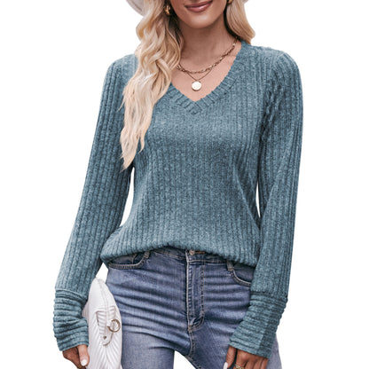 Solid Ribbed V-Neck Long Sleeve Knit Top for Women