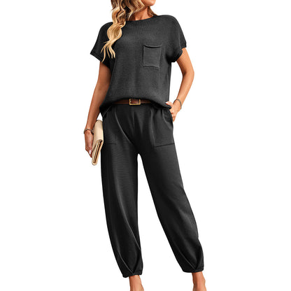 Colorblock Short-Sleeve Sweater & Pants Lounge Set