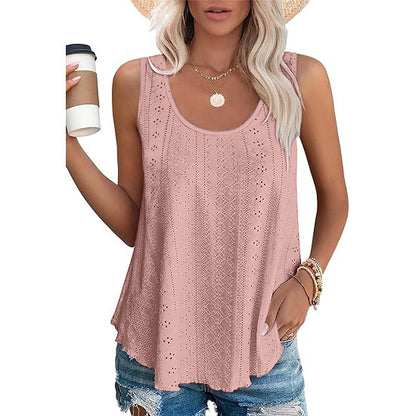 Eyelet Knit Tank Top Sleeveless Loose Fit Summer Top