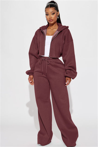 Women's Two Piece Crop Zip Hoodie Wide Leg Sweatpants Set