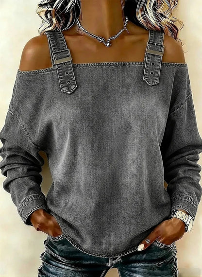 Women's Off Shoulder Denim Buckle Strap Long Sleeve Top